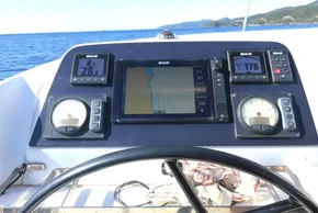 Cockpit of 2017 Lagoon 42 catamaran with navigation instruments and sea view.