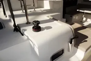 Lagoon 42 catamaran deck, 2020 model, featuring winch and seating area.
