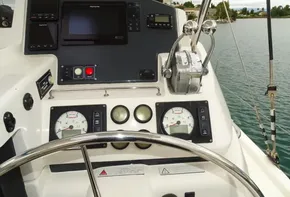 Leopard 45 yacht helm with navigation instruments and steering wheel, 2017 model.
