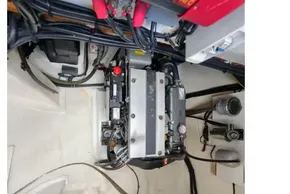 Engine compartment of a 2020 Leopard 50 yacht, showcasing wiring and components.