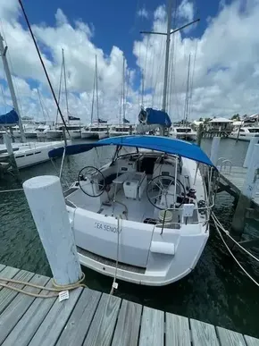 2017 Jeanneau Sun Odyssey 519 sailboat docked at marina.