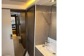 Modern bathroom interior on 2022 Leopard 42 yacht, featuring sleek design and fixtures.