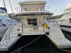 2017 Leopard 51 Powercat docked at marina, rear view.