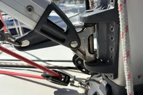 Close-up of Jeanneau Sun Odyssey 389 sailboat rigging, showcasing detailed hardware and ropes.