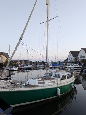 Pre refurb Westray at her 11m finger berth Port Solent 2024