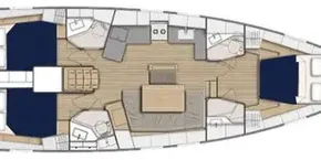 Floor plan of 2020 Beneteau Oceanis 46.1 sailboat, featuring spacious cabins and living area.