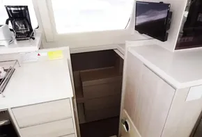 Interior of 2017 Leopard 43 Powercat with kitchen and stairs.