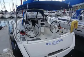 2017 Jeanneau Sun Odyssey 389 sailboat docked, named Fatal Attraction.