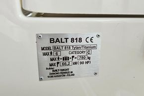 Plaque on 2023 Balt 818 Titanium boat, detailing specifications and capacity information.