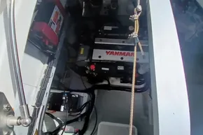 Engine compartment of a 2022 Leopard 45 yacht featuring a Yanmar engine.