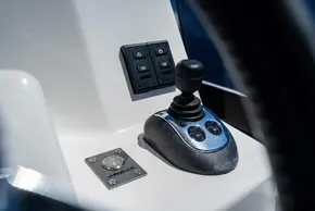 Control panel of 2025 Leopard 40 Powercat with joystick and switches.