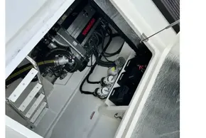 Engine compartment of 2025 Robertson and Caine Leopard 46 Powercat, showcasing mechanical components.