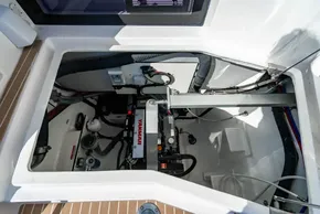 Engine compartment of 2025 Leopard 46 yacht with Yanmar engine and modern fittings.