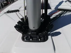 Mast base and rigging on 2019 Jeanneau Sun Odyssey 389 sailboat deck.