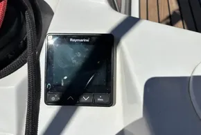 Raymarine display on 2020 Jeanneau Sun Odyssey 389 yacht deck, showing navigation controls.