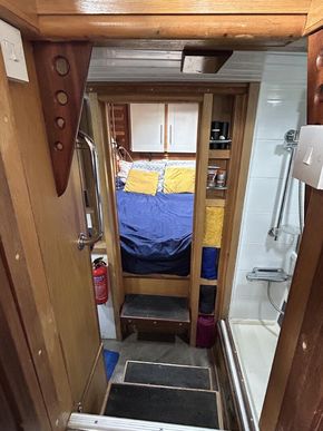 Steps down to bathroom