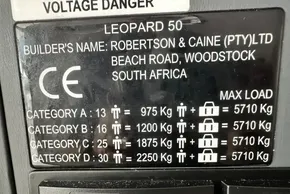 Leopard 50 load capacity label, Robertson & Caine, South Africa, 2021 model, max load 5710 kg.