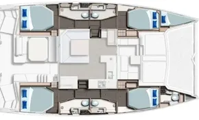 2017 Leopard 45 catamaran interior layout with four cabins and two bathrooms.