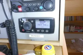 Fusion MS-RA205 radio on Lagoon 42, 2017 model, tuned to 101.10 MHz.