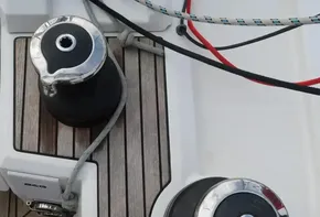Close-up of winches on a 2018 Beneteau Oceanis 51.1 sailboat deck.
