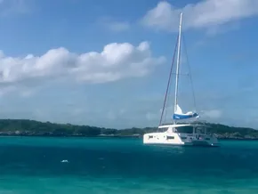 Sailing Leopard 45 catamaran on turquoise waters, 2020 model.
