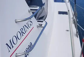 Leopard 48 catamaran docked in a marina, 2017 model.