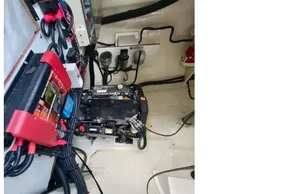Electrical system inside a 2019 Leopard 50 yacht, featuring wiring and battery components.