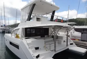 2020 Leopard 43 Powercat docked at marina, rear view.