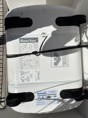 Liferaft container on Jeanneau Sun Odyssey 440, 2019 model, featuring RescYou and Viking branding.