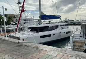 Leopard 45 catamaran docked at a marina, 2020 model.
