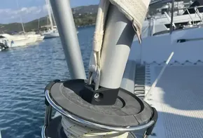 Leopard 45 sailboat deck with rigging detail, 2019 model, docked in marina.