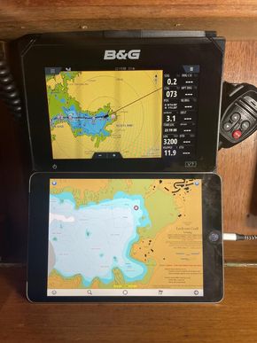 Navionics on chart plotter, Antares on iPad mini