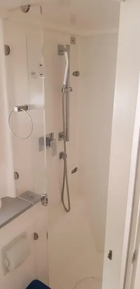 2017 Leopard 48 yacht bathroom with modern shower and fixtures.