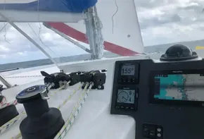 Leopard 45 sailboat cockpit with navigation instruments and ocean view, 2020 model.