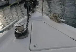 Beneteau Oceanis 41.1 sailboat deck, 2019 model, docked in marina.