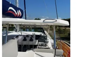 2022 Leopard 45 catamaran deck with seating and navigation equipment.