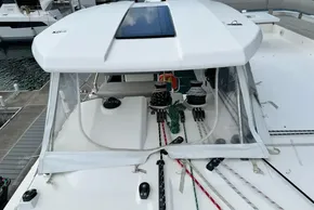 2021 Leopard 50 yacht deck with ropes and winches at marina.