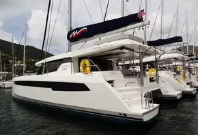 2020 Leopard 50 catamaran docked in a marina.