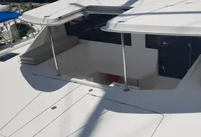 2017 Leopard 48 yacht with shaded cockpit and seating area.