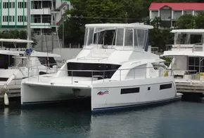 2020 Leopard 43 Powercat docked at marina.