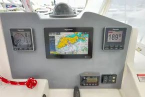 Leopard 50 yacht navigation panel with Raymarine displays, 2020 model.