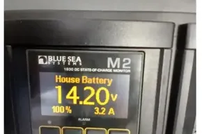 Blue Sea Systems battery monitor displaying 14.20 volts on Leopard 45, 2018 model.