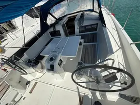 2019 Jeanneau Sun Odyssey 440 cockpit with dual steering wheels and spacious seating.
