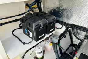 Engine compartment of 2025 Robertson and Caine Leopard 46 Powercat with battery setup.