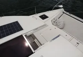 Leopard 50 catamaran deck with solar panel, netting, and water view, 2020 model.