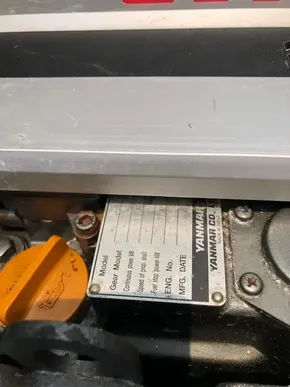 Close-up of a Yanmar engine plate on a 2020 Lagoon 42 catamaran.