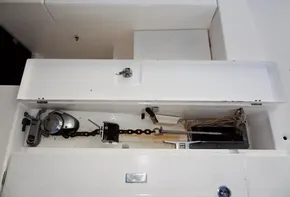 Anchor locker of a 2018 Leopard 43 Powercat with chain and windlass.