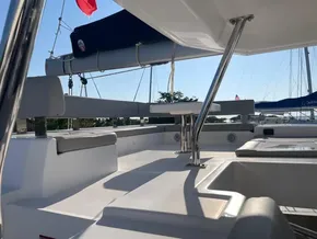 Leopard 45 catamaran deck, 2021 model, featuring spacious seating and modern design.