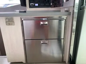 Stainless steel drawers in a 2021 Leopard 45 yacht interior.