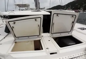 Open storage compartments on a 2020 Leopard 50 catamaran yacht.